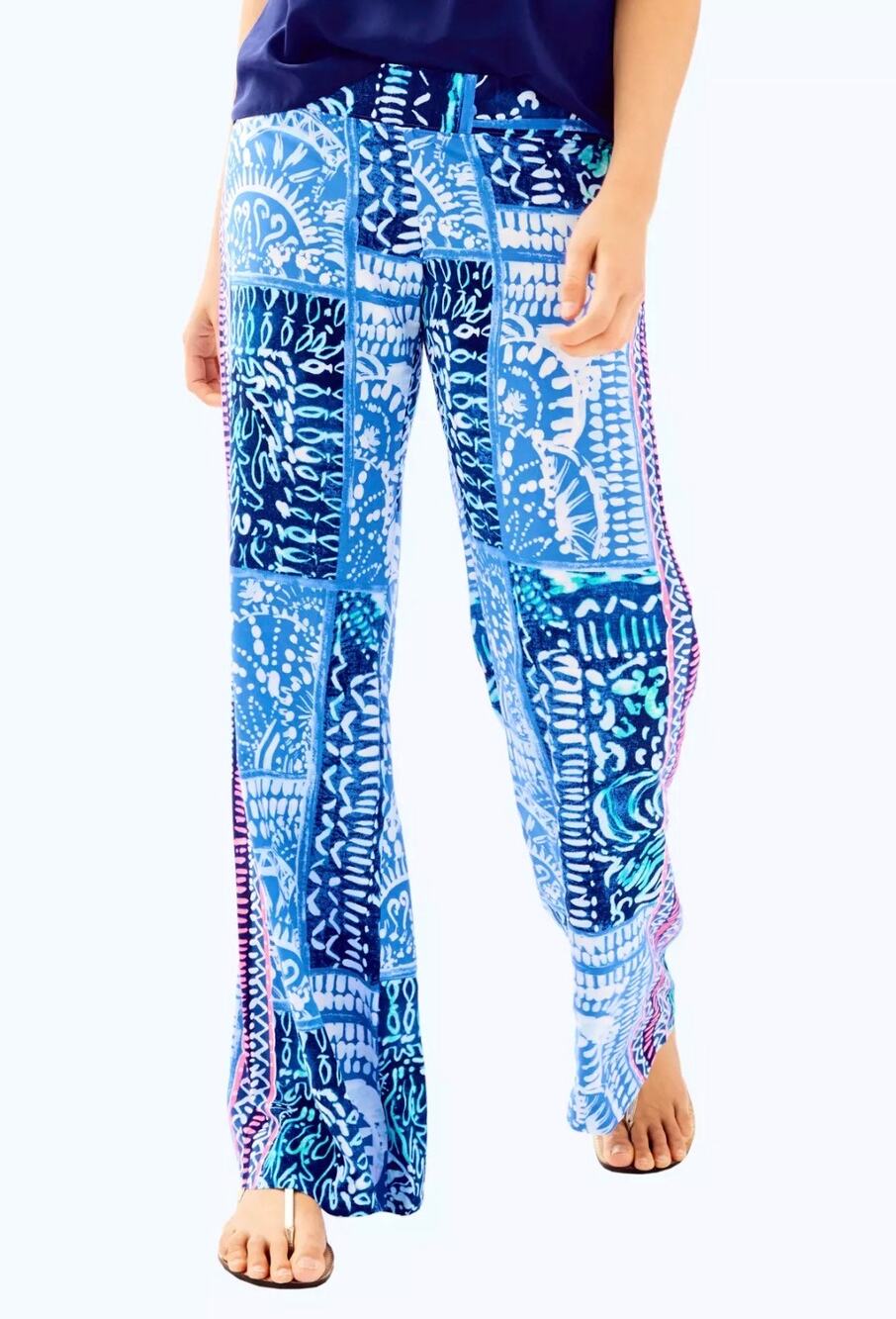 Lilly Pulitzer Bal Harbour Palazzo Pants Indigo Leid Back Batik Print S